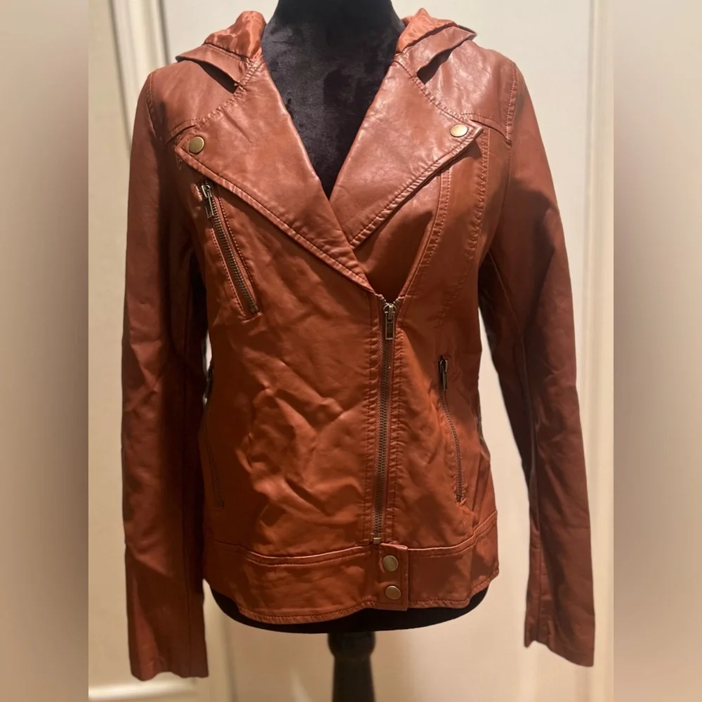TOBI Vegan Faux Leather Hooded Motorcycle Moto‎ Zippered Brown Jacket Size Small